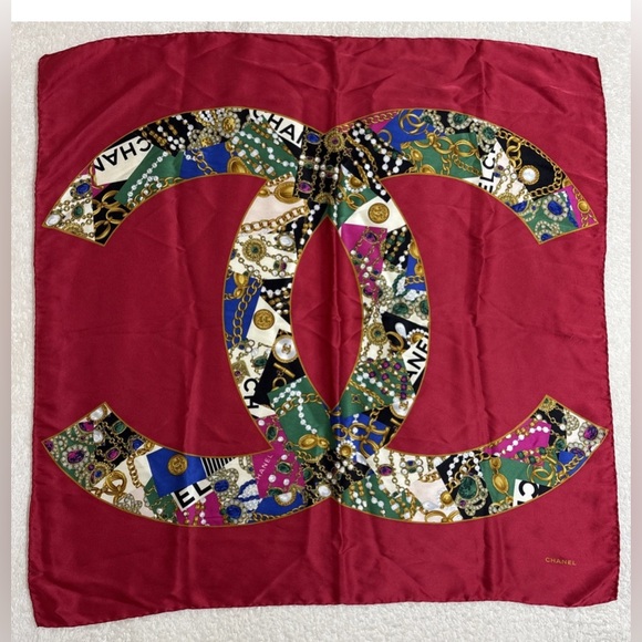 CHANEL Accessories - Chanel Silk Scarf Red with Coco Mark and Flowers White